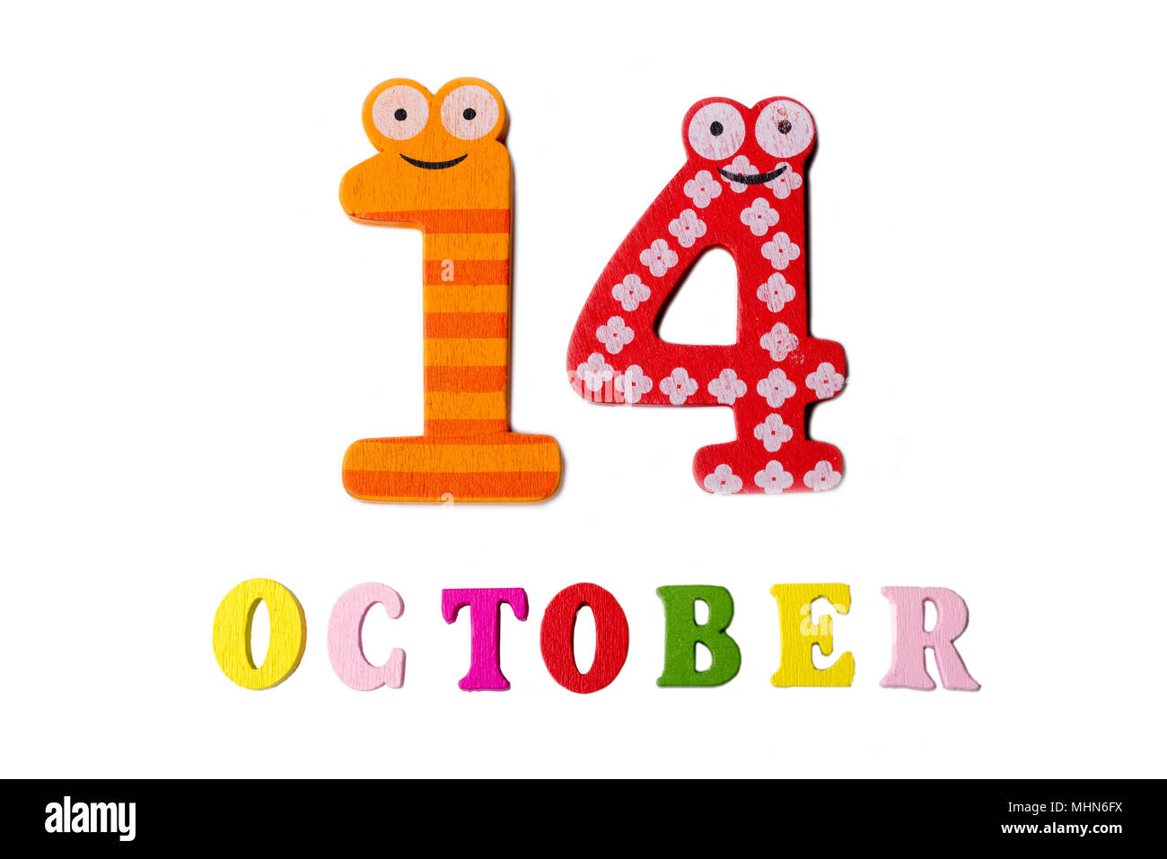 Oktober 14 auf weißem Hintergrund, Zahlen und Buchstaben. Kalender. Stockfoto