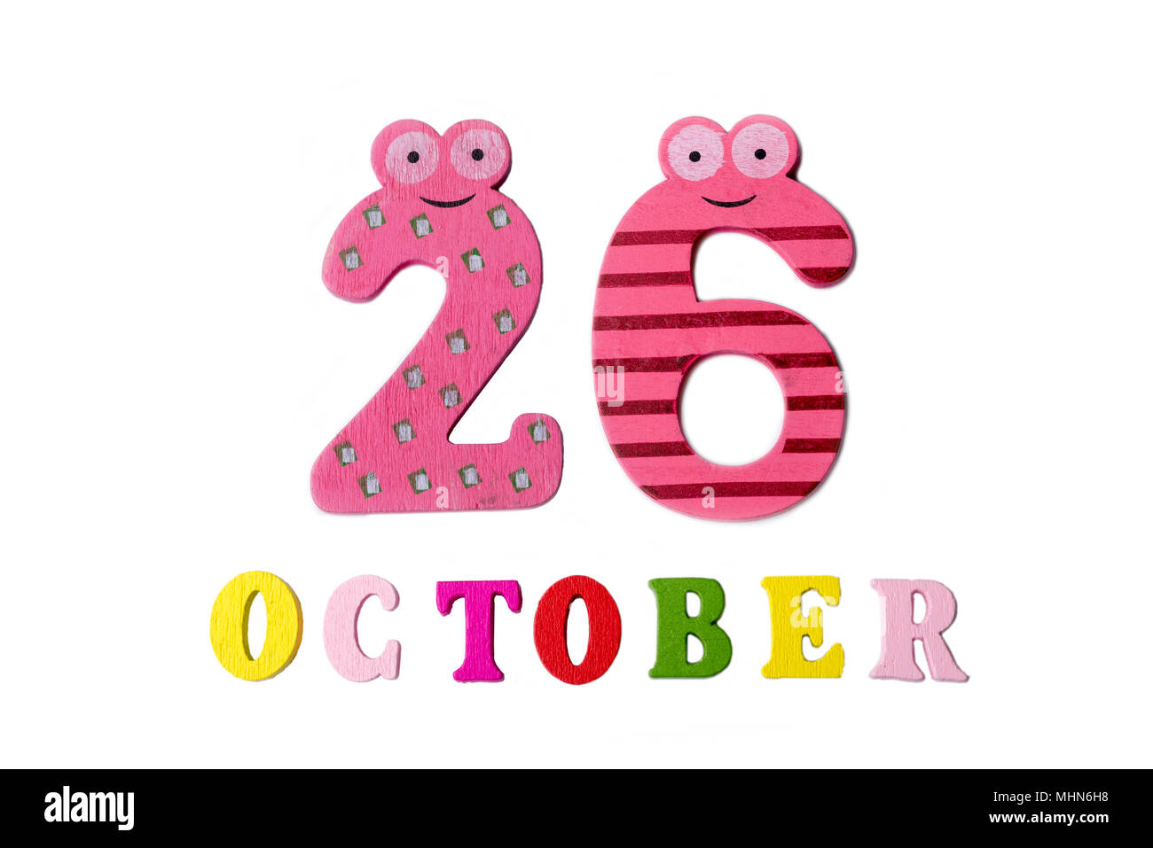 Oktober 26 auf weißem Hintergrund, Zahlen und Buchstaben. Kalender. Stockfoto