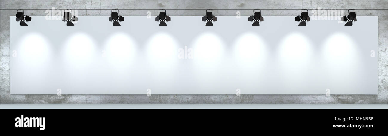 Weiß Werbung Reklametafeln, durch Strahler hängt von der Wand, 3D-Rendering beleuchtet Stockfoto