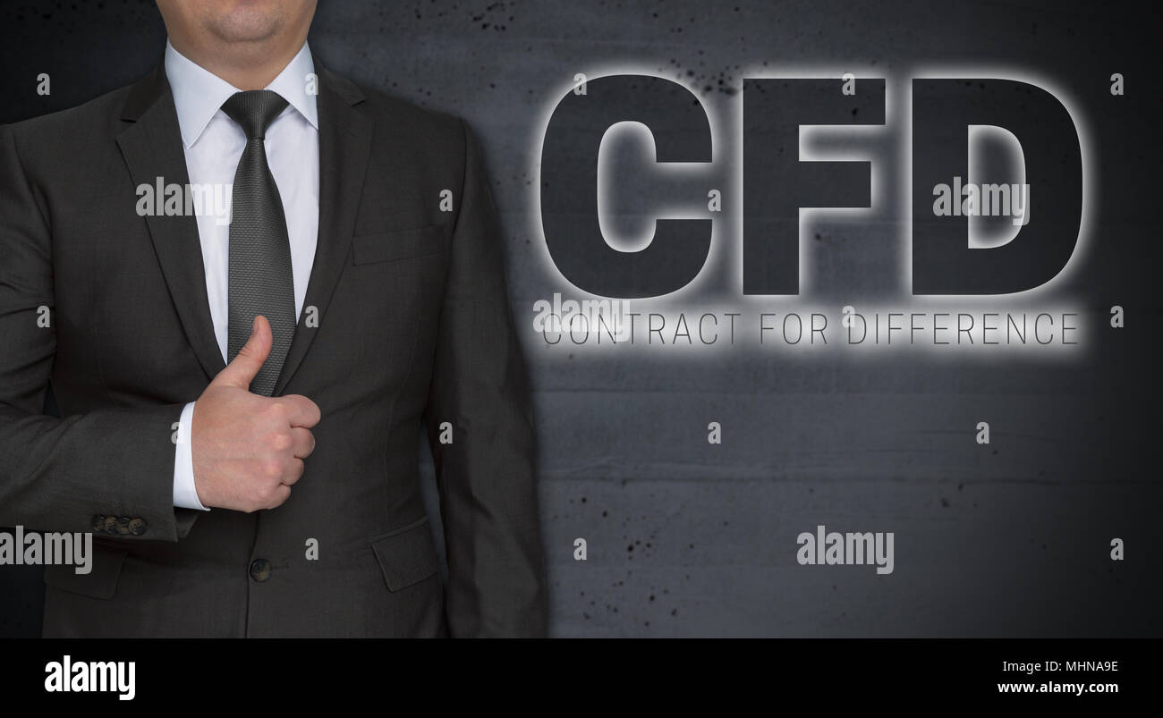 CFD-Konzept und Geschäftsmann mit Daumen nach oben. Stockfoto