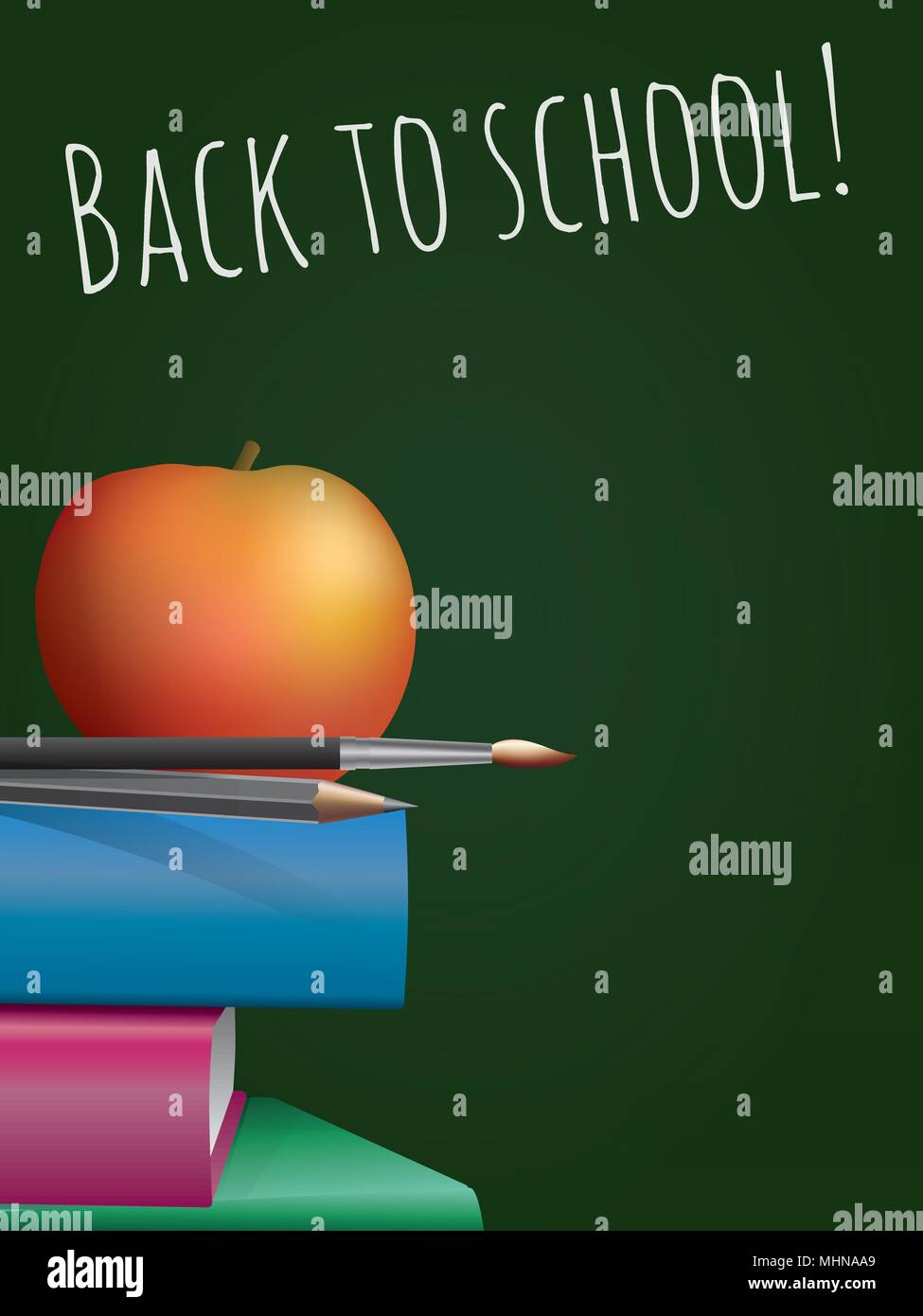 Zurück zu Schule Plakat mit Apple, Bleistift, Pinsel auf Stapel Bücher Stock Vektor