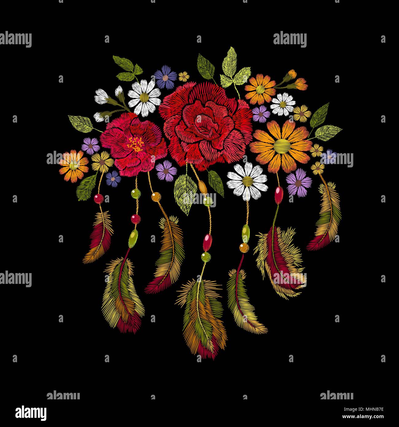 Stickerei boho Indianer federn Blumen Anordnung. Kleidung ethnische Tribal Fashion design Dekoration Patch. Modische template Vector Illustration Stock Vektor