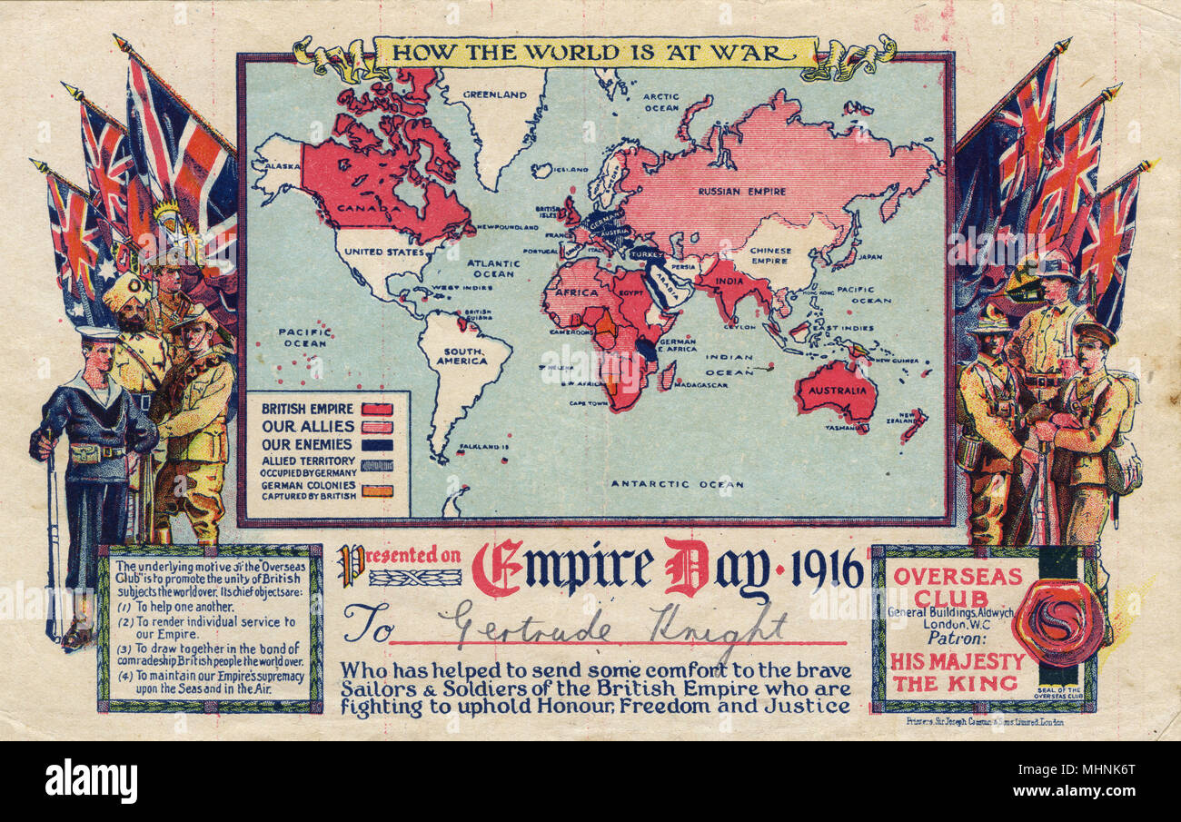 Zertifikat des Overseas Club - Empire Day 1916 Stockfoto