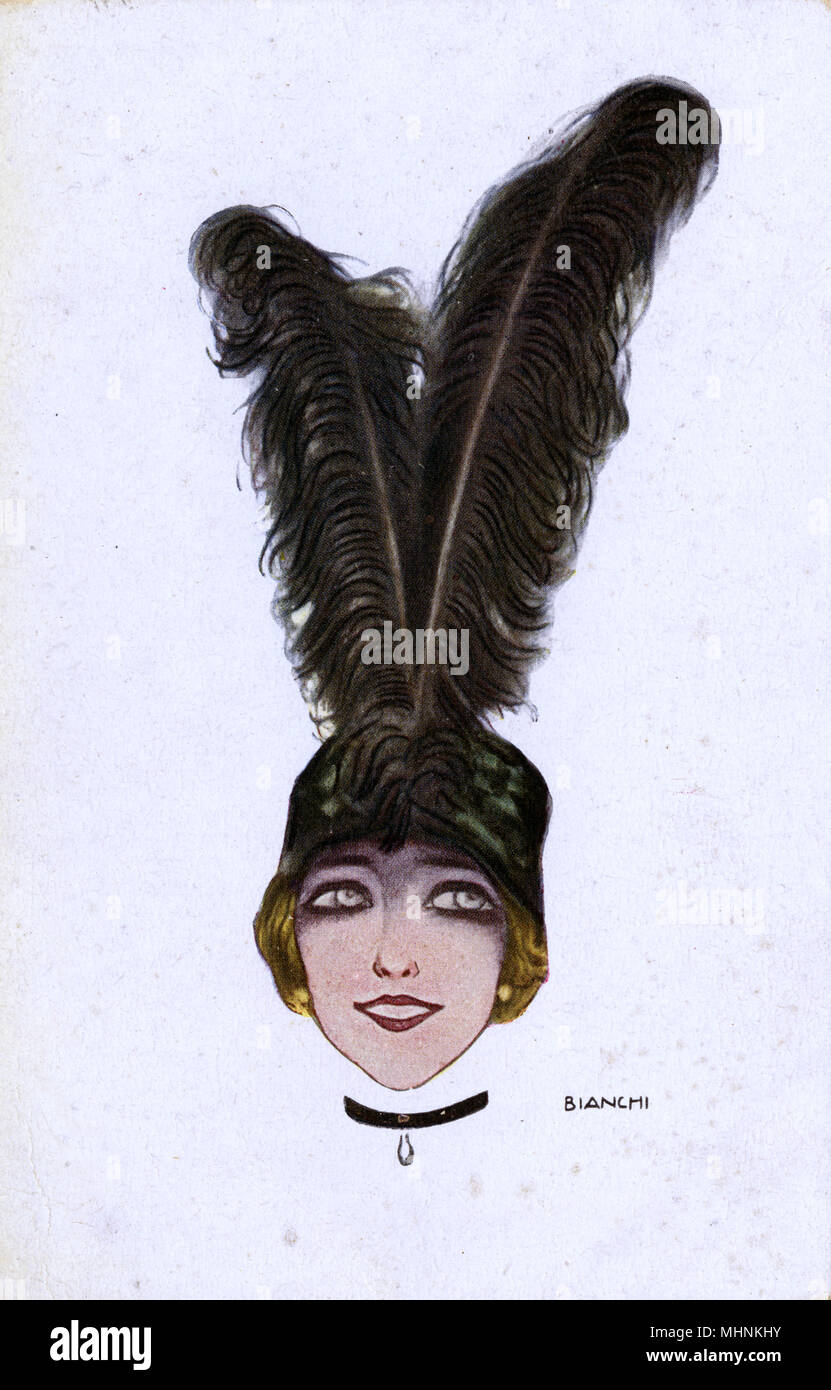 Modische und hübsches Mädchen mit erstaunlichen Schwarz - Straußenfedern geschmückten Hut/Kappe. Datum: ca. 1920 Stockfoto