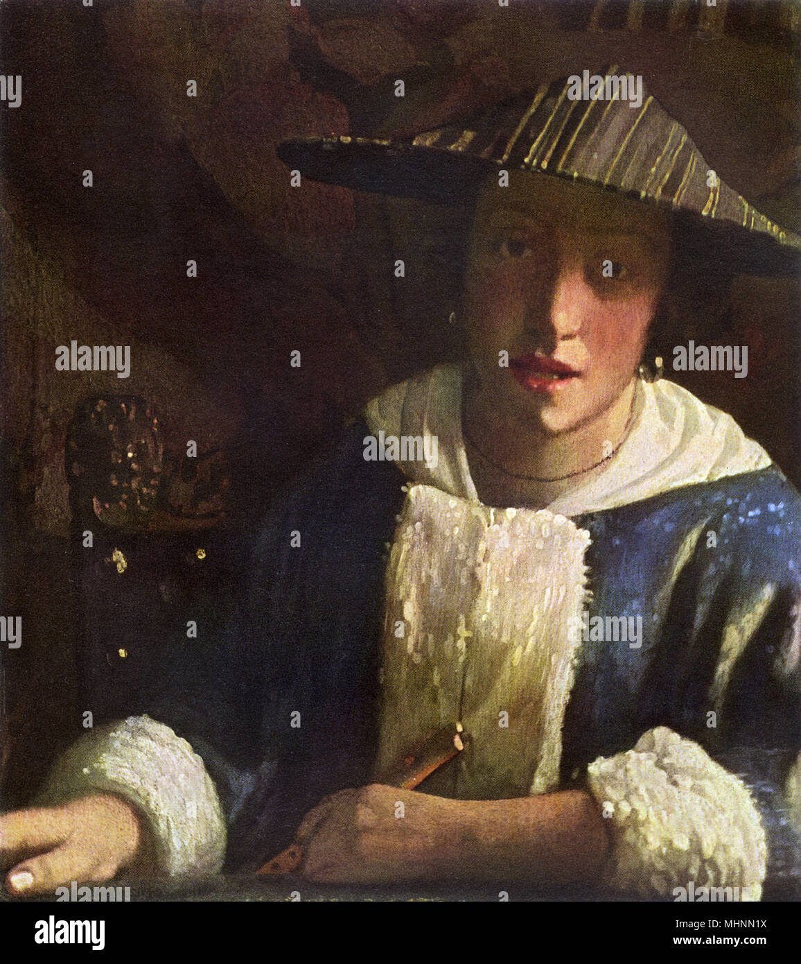 Junge Frau mit Flöte, von Johannes Vermeer Stockfoto