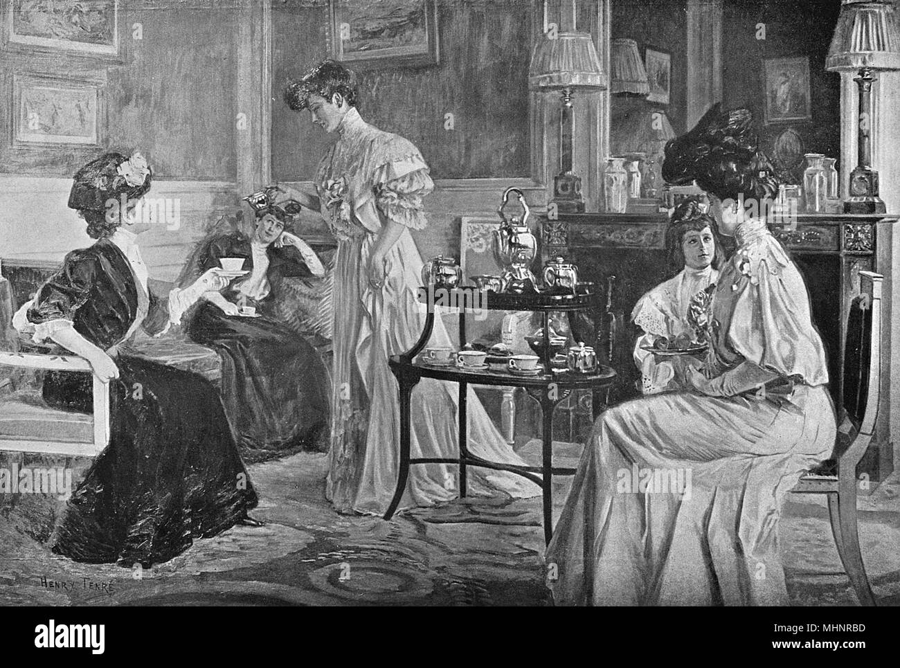 Tee - ein Nachbau eines original Gemälde von Boquet zeigt fünf Damen in einem smart Salon Teilnahme an Kaffee. Datum: 1907 Stockfoto