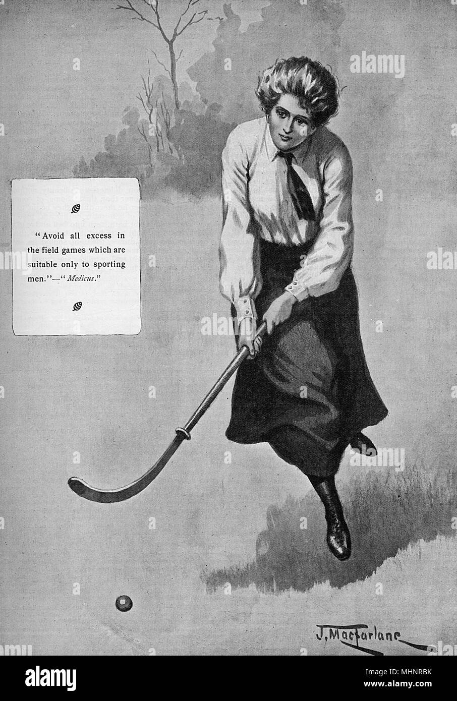 Eine weibliche Hockeyspieler aus der Edwardianischen Zeit, klar gegen die Ratschläge von Medicus (Insert), dass Frauen sollten", alle überschüssigen im Bereich Spiele, die nur für sportliche Männer geeignet sind, vermeiden." Datum: 1908 Stockfoto
