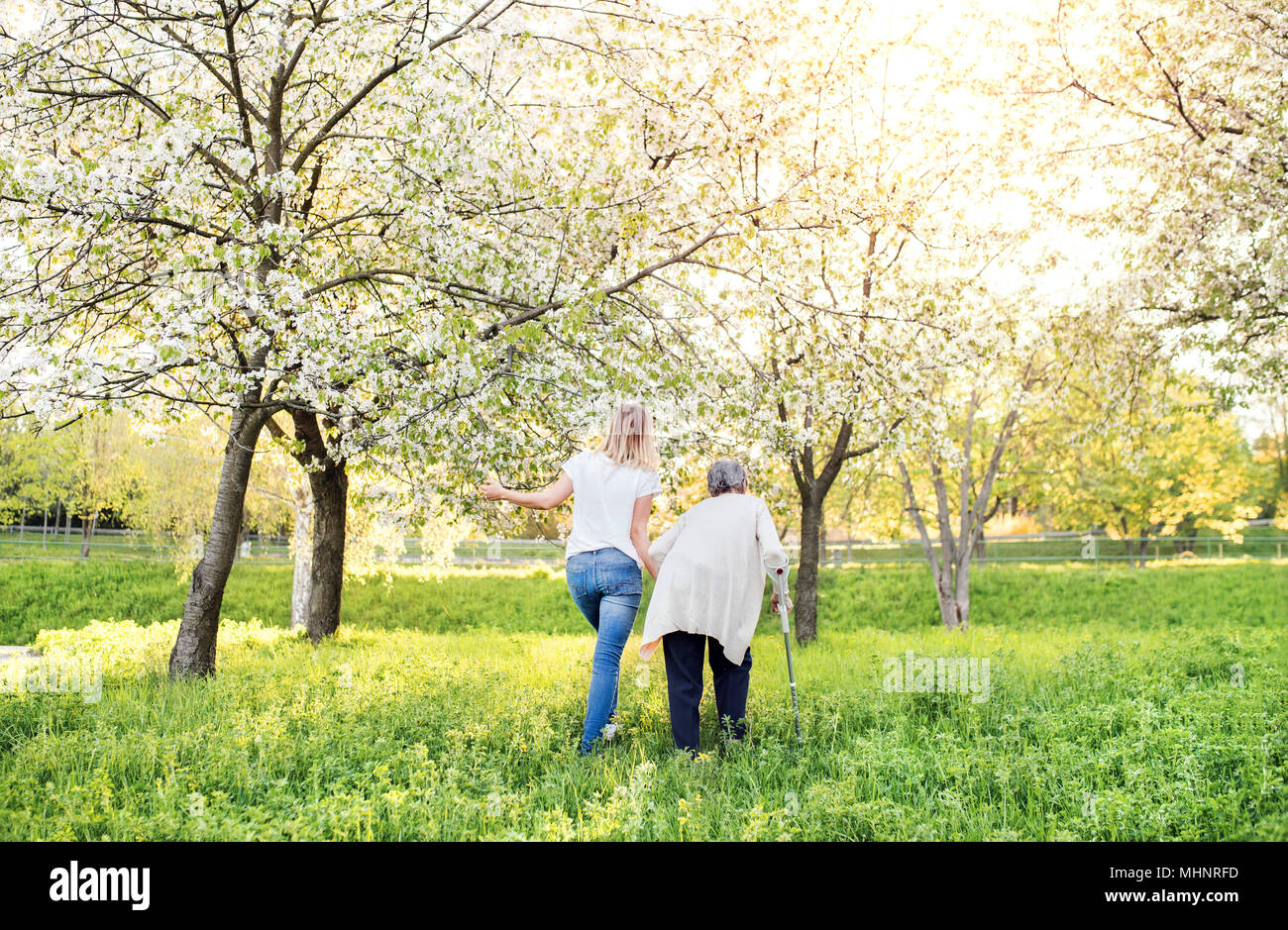 Ältere Großmutter mit krücke und Enkelin im Frühjahr die Natur. Stockfoto