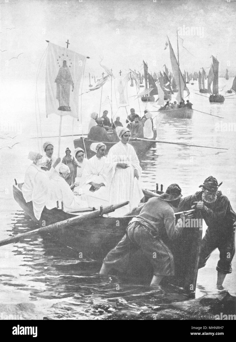 Frankreich. Die Begnadigung von St. Anne; Bretagne. Pilger kommen von Meer. Boote 1900 Stockfoto