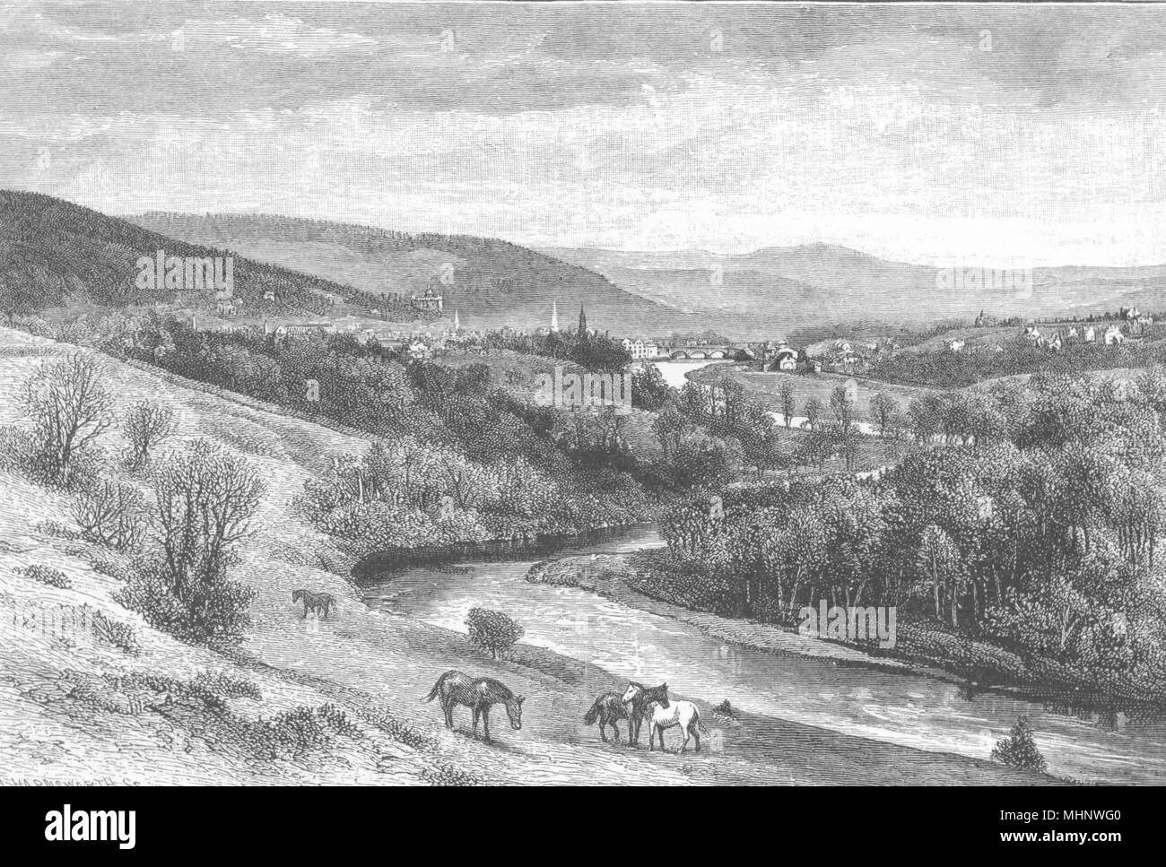 NORTHUMBERLAND. Peebles, von etwas unter dem Neidpath 1901 alten, antiken Drucken Stockfoto