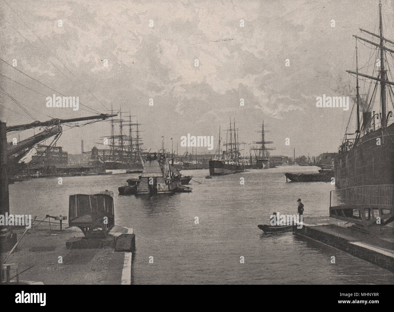 Importieren der West India Docks. London. Ports 1896 alte antike Bild drucken Stockfoto