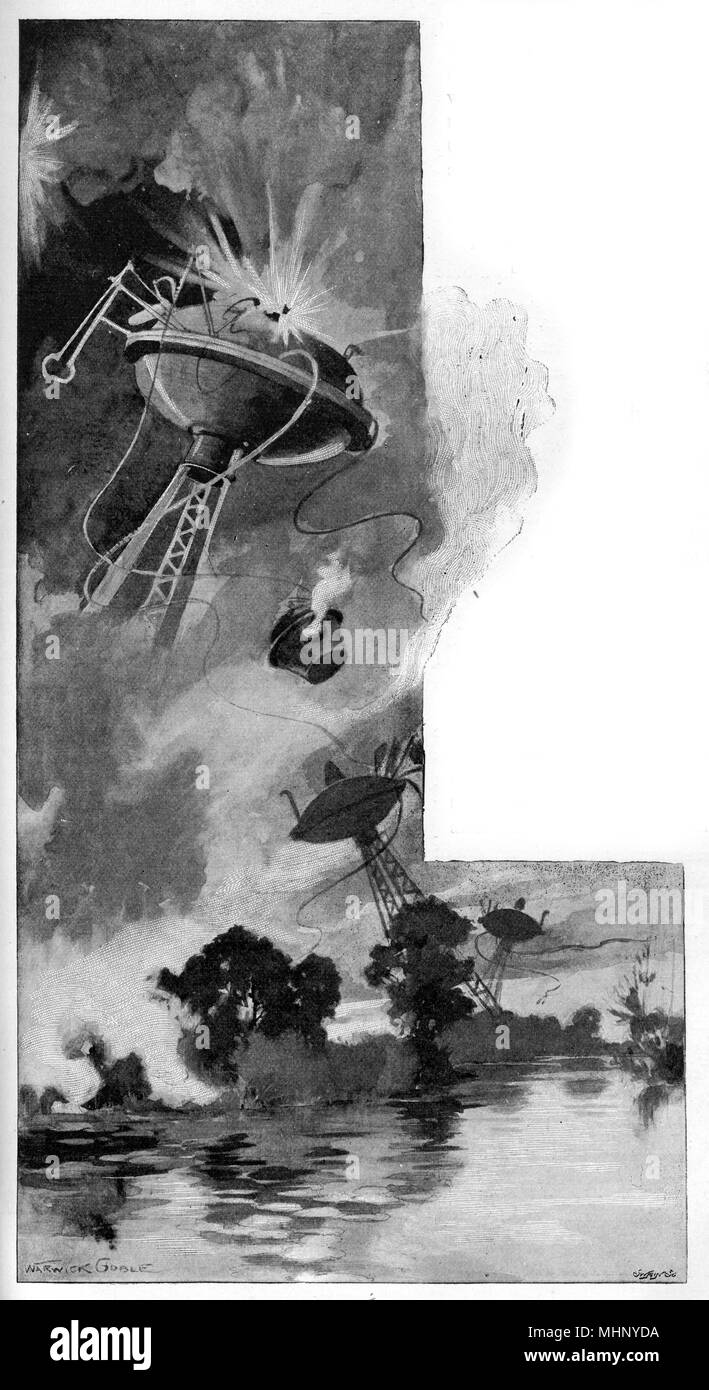 Eine der Stativ Maschinen ist "Treffer"! Der Krieg der Welten ist ein Science-Fiction-Roman von englischen Autor H.G. Wells (1866-1946). Diese Platte kommt aus der ersten serialisierte Version, 1897 von Pearson's Magazine in Großbritannien veröffentlicht. Datum: 1897 Stockfoto