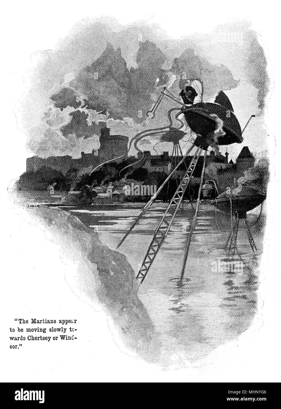 Der Kampf gegen die Maschinen auf dem Mars langsam bewegen bis die Themse in Richtung Chertsey und Windsor Windsor Castle (im Hintergrund). Krieg der Welten ist ein Science-Fiction-Roman von englischen Autor H.G. Wells (1866-1946). Diese Platte kommt aus der ersten serialisierte Version, 1897 von Pearson's Magazine in Großbritannien veröffentlicht. Datum: 1897 Stockfoto