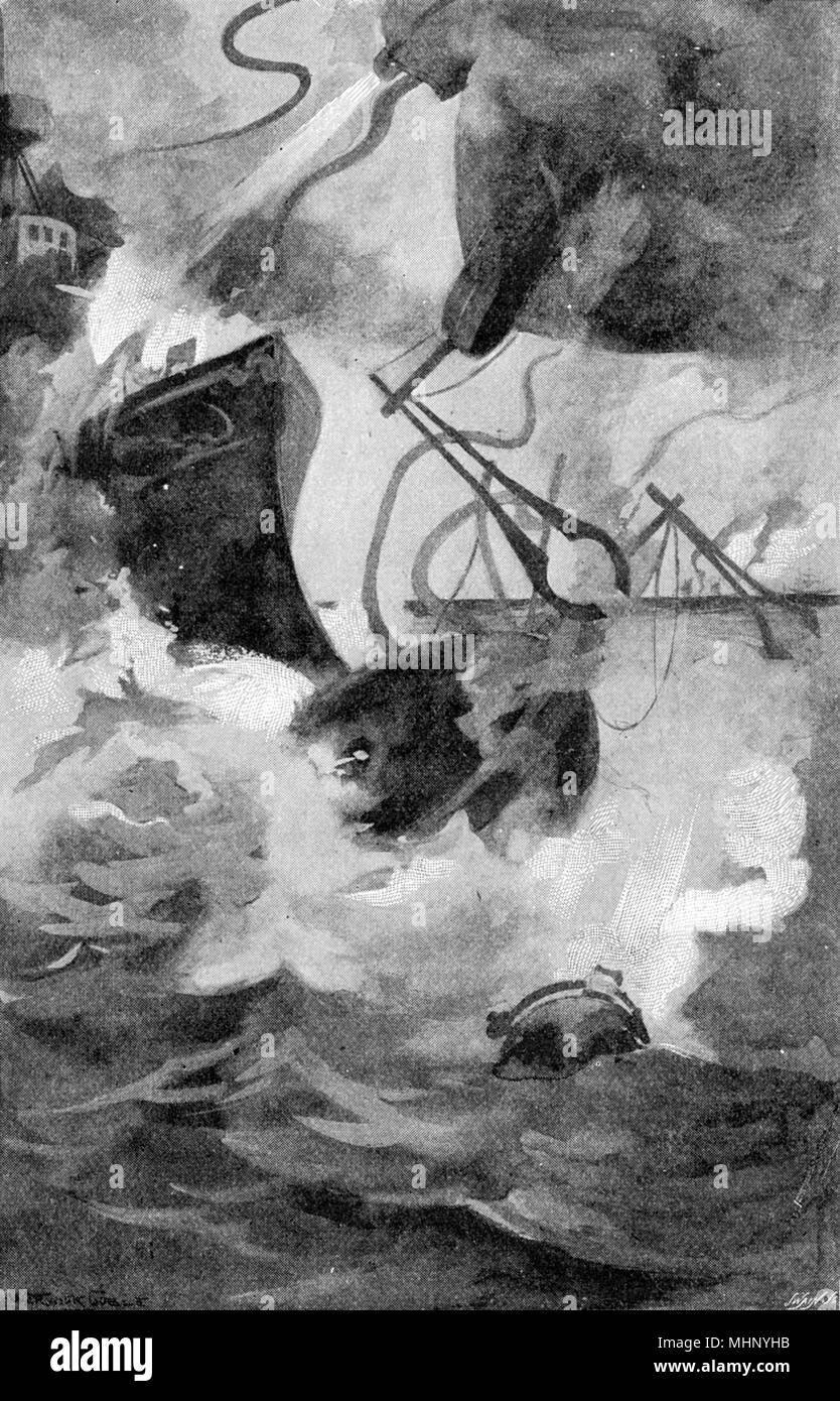 Einen marsianischen Kampfmaschine wird durch eine gepanzerte Kriegsschiff. Der Krieg der Welten ist ein Science-Fiction-Roman von englischen Autor H.G. Wells (1866-1946). Diese Platte kommt aus der ersten serialisierte Version, 1897 von Pearson's Magazine in Großbritannien veröffentlicht. Datum: 1897 Stockfoto