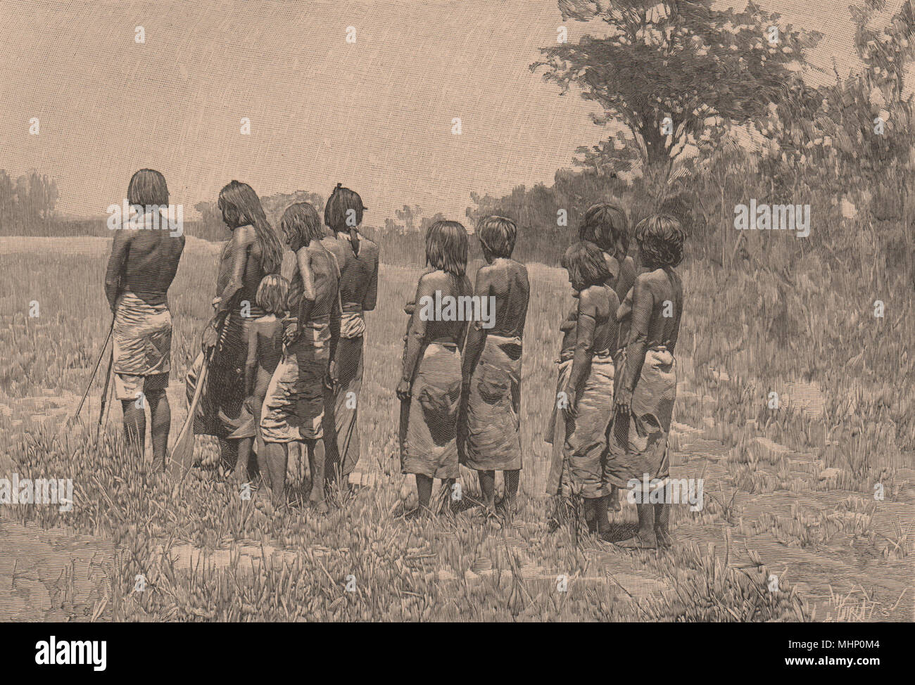 Lengoas Inder, die auf dem Marsch. Brasilien 1885 alte antike vintage Bild drucken Stockfoto