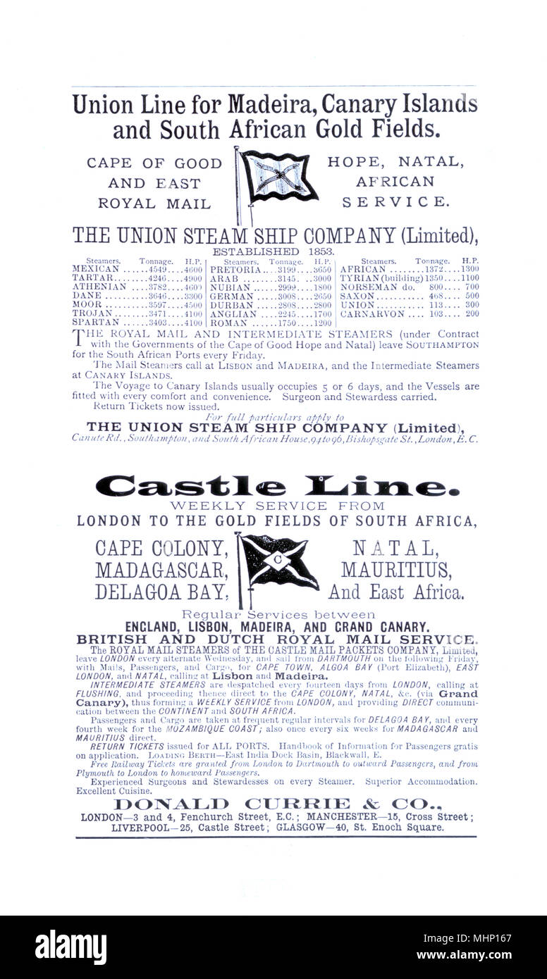 Werbung, Union Steamship Company, Castle Line Stockfoto