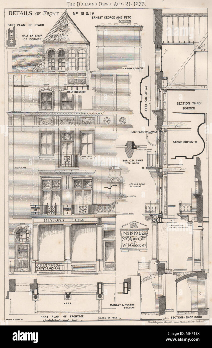 Nr. 18,19 und 20 South Audley Street für w.j. Goode; Ernest George & Peto 1876 Stockfoto