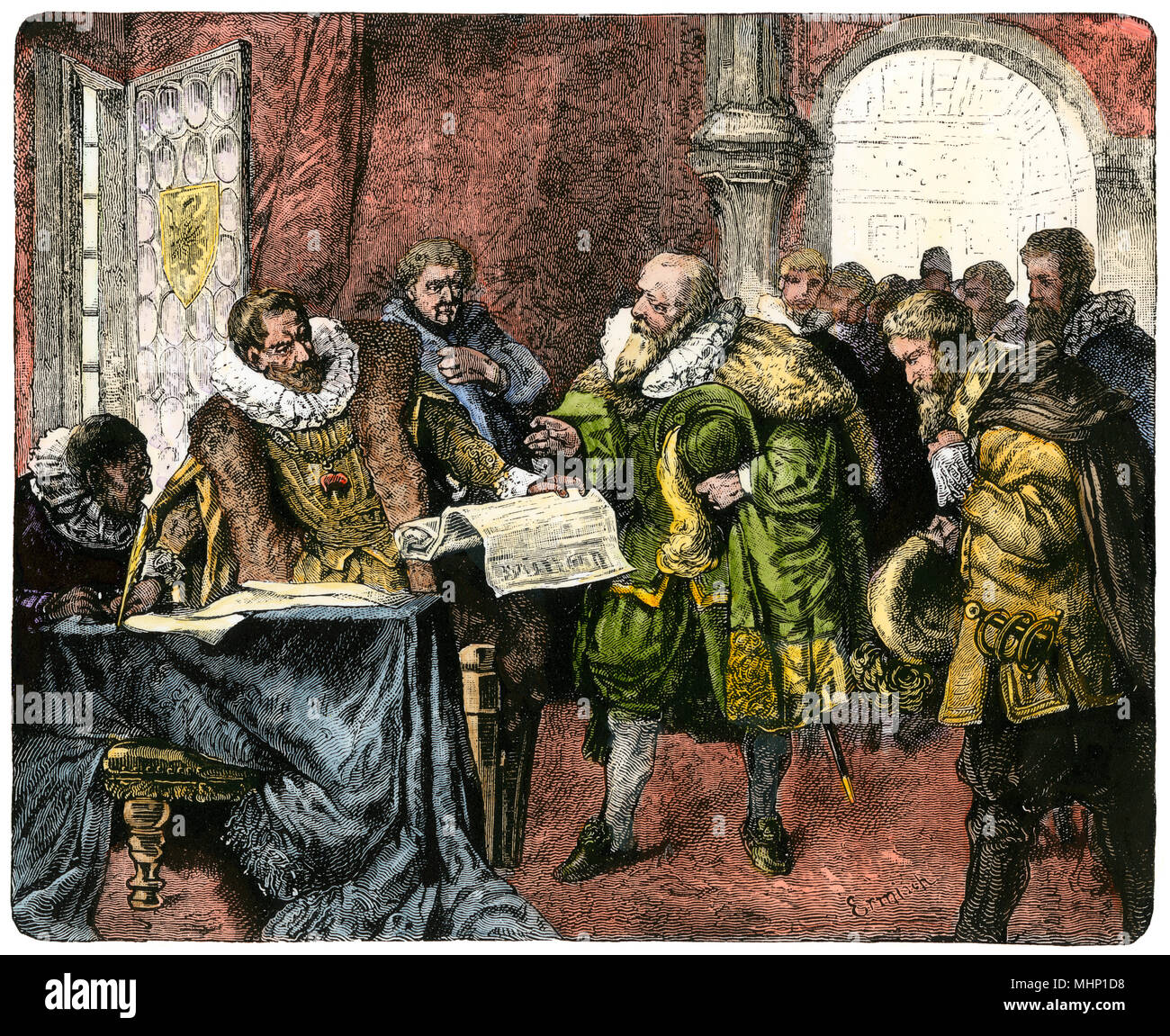 Heiligen Römischen Kaiser Rudolph II. unterzeichnet den Brief der Majestät, Protestantische Böhmen Religionsfreiheit. Hand - farbige Holzschnitt Stockfoto