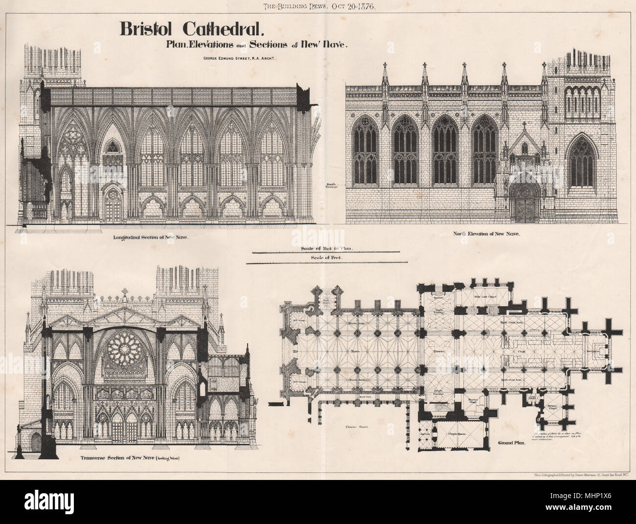 Kathedrale von Bristol neue Kirchenschiff plan elevation Abschnitte George Edmund Straße 1876 Stockfoto