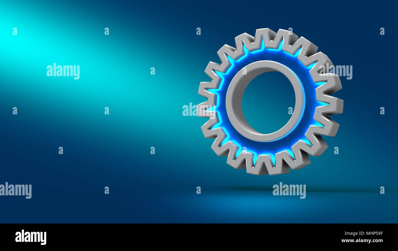 Zahnrad auf blauem Hintergrund. 3D-Darstellung. Für die Gestaltung von Präsentationen. Stockfoto