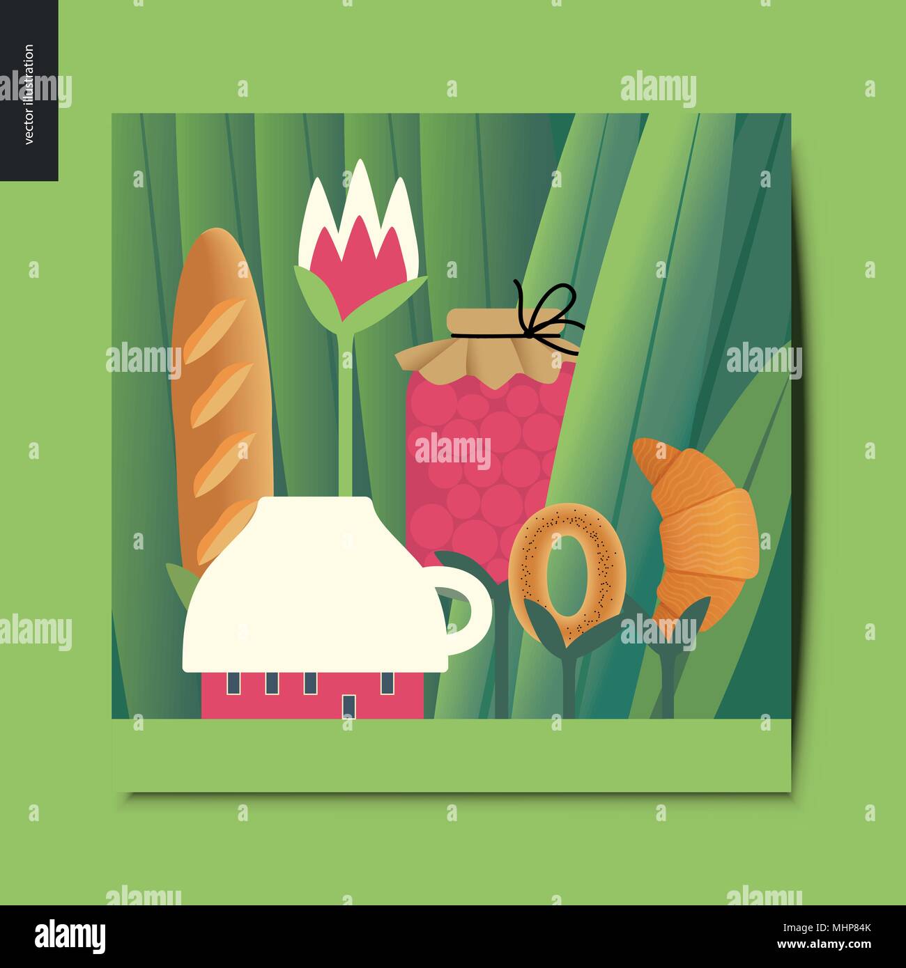 Einfache Dinge - Konzept Abbildung eines winzigen Schale Haus und T-Stück Mahlzeit auf den Stielen wachsenden zwischen riesigen Gras-Leitungen - Glas Marmelade, Brot Brot, Croissant Stock Vektor