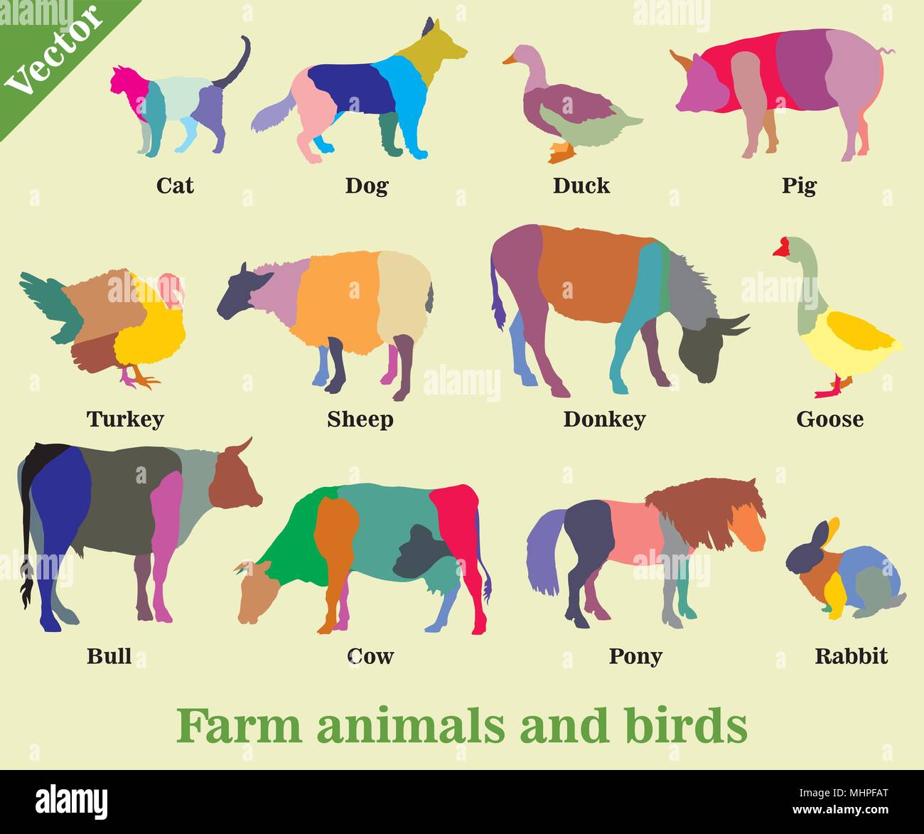 Der Vektor buntes Mosaik Bauernhof Tiere und Vögel (Hund, Katze, Kuh, Türkei, Esel, Schweine, Kaninchen, Gänse, Schafe, Enten, Bull) Silhouetten auf isolierte Stock Vektor