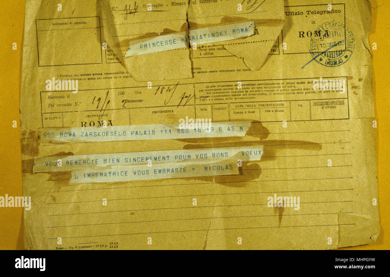 Telegramm von Zar Nicholas II. Aus Russland nach Rom, Italien Stockfoto