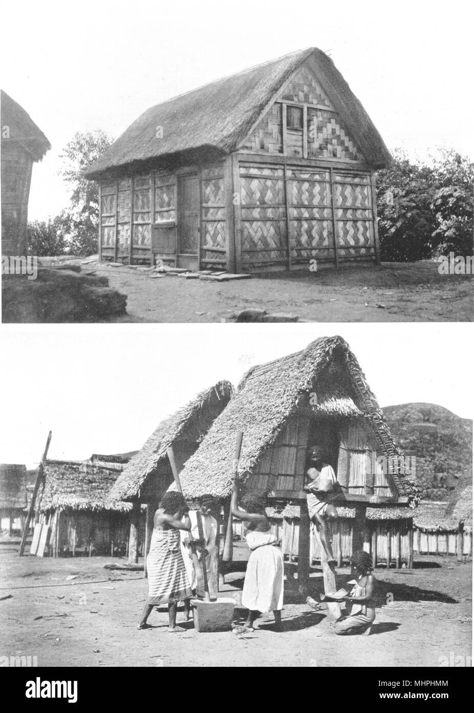 Madagaskar. Madagassischen Häuser; Antanosy Frauen Reisschalen Holz- Mörtel 1900 Stockfoto