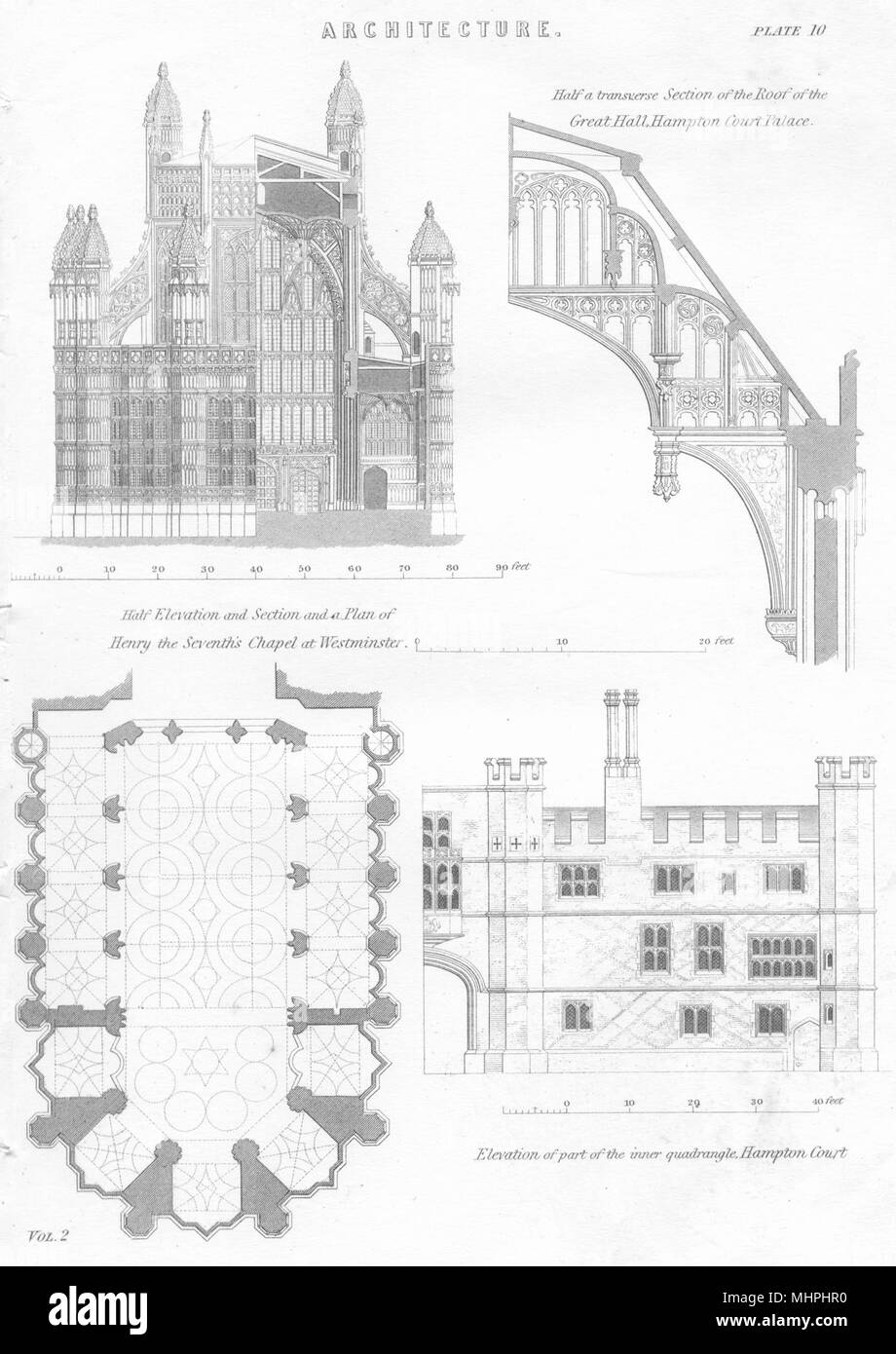 LONDON. Henry 7 Kapelle Westminster; Gt Hall, Hampton Ct Palace; innere Quad 1880 Stockfoto