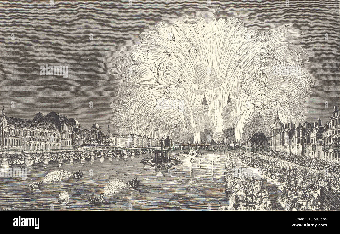 18. JAHRHUNDERT FRANKREICH. Paris. Feuerwerk auf der Pont-Neuf 1745 1876 alte Drucken Stockfoto