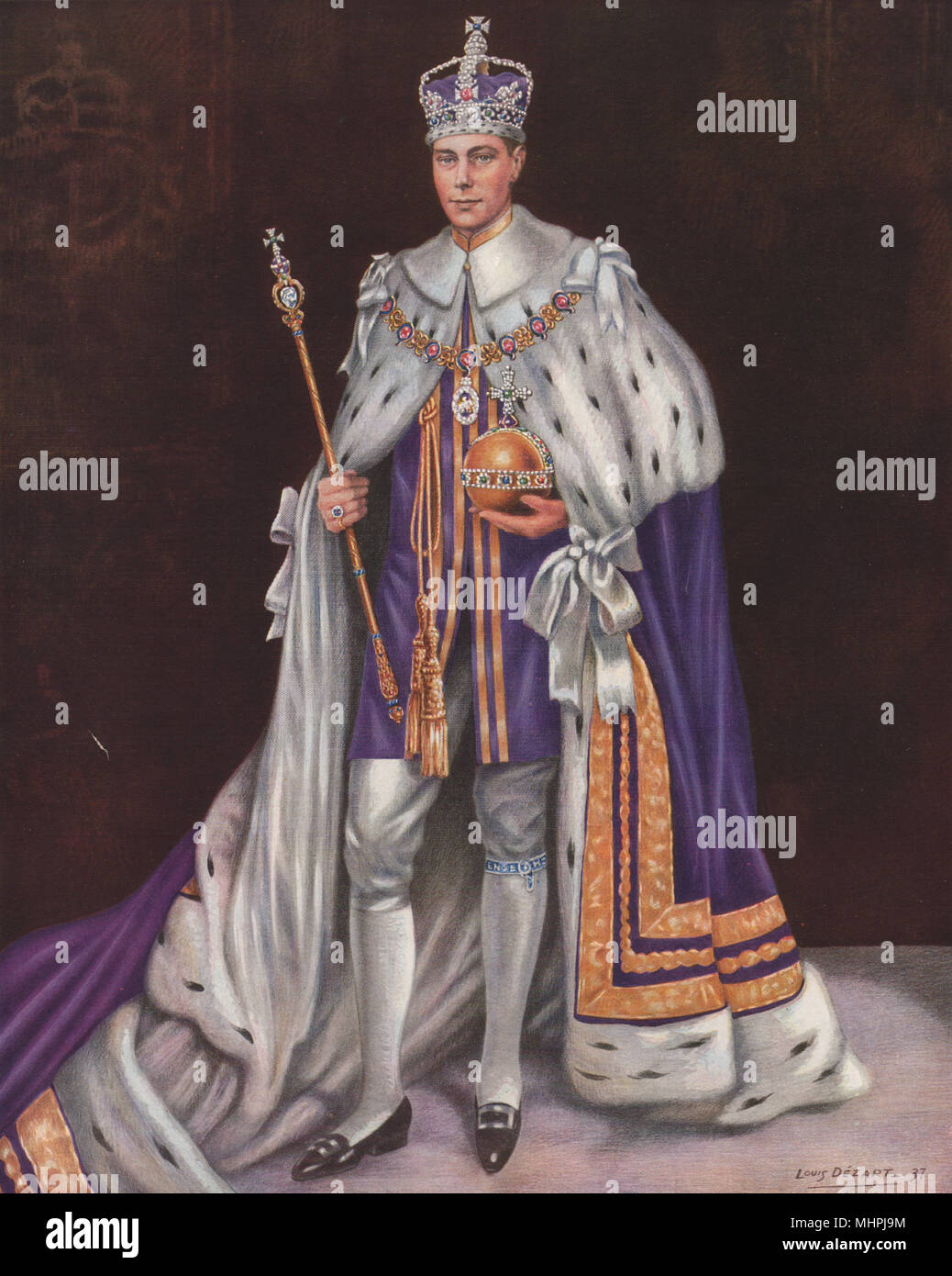 KING VI. Seine Majestät König VI mit Orb Zepter Roben & Krone 1937 Stockfotografie KING VI. Seine Majestät König VI mit Orb Zepter Roben & Krone 1937 Stockfotografie