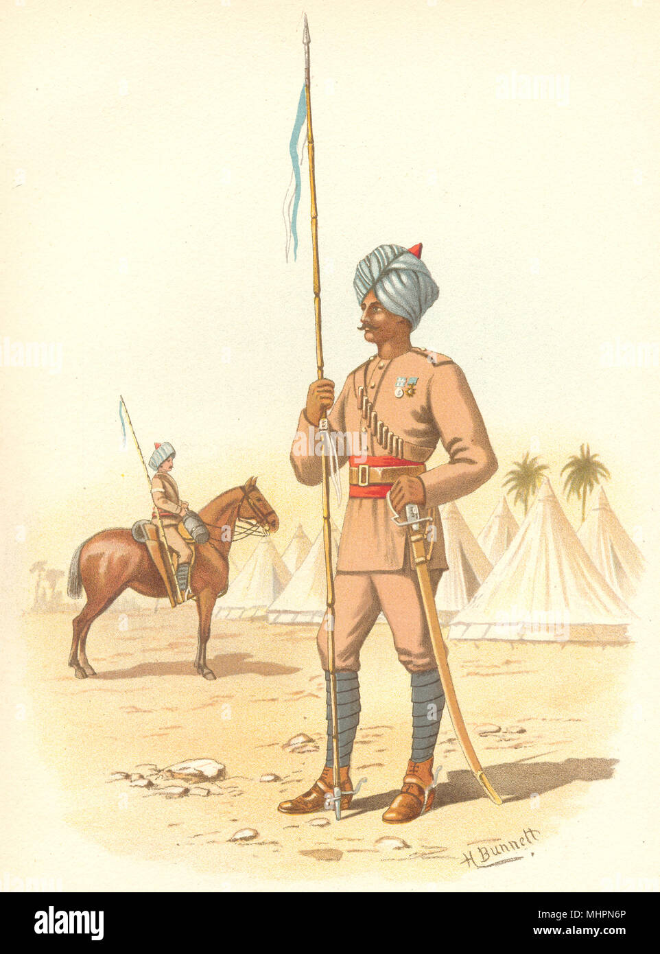 BRITISH INDIAN ARMY Uniformen. Die 13 Bengal Lancers Regiment 1890 alten Drucken Stockfoto
