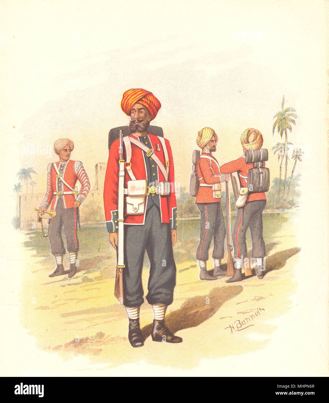 BRITISH INDIAN ARMY Uniformen. 15 Sikhs Regiment 1890 alten, antiken Drucken Stockfoto