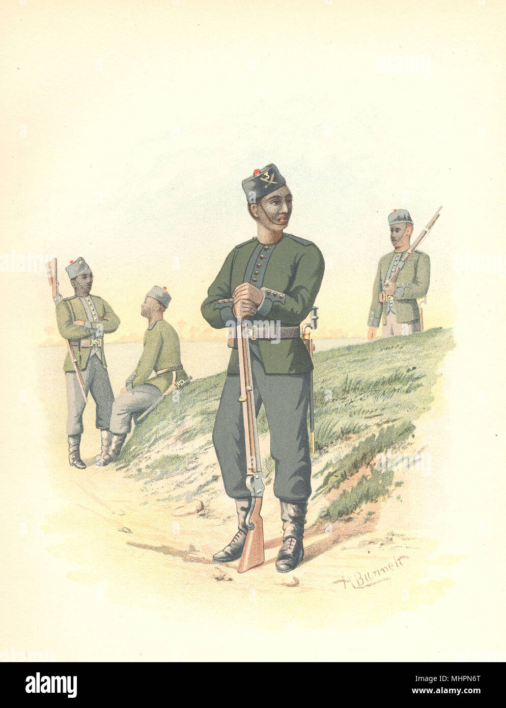 BRITISH INDIAN ARMY Uniformen. Die 3 Goorkhas (gurkhas) Regiment 1890 Drucken Stockfoto