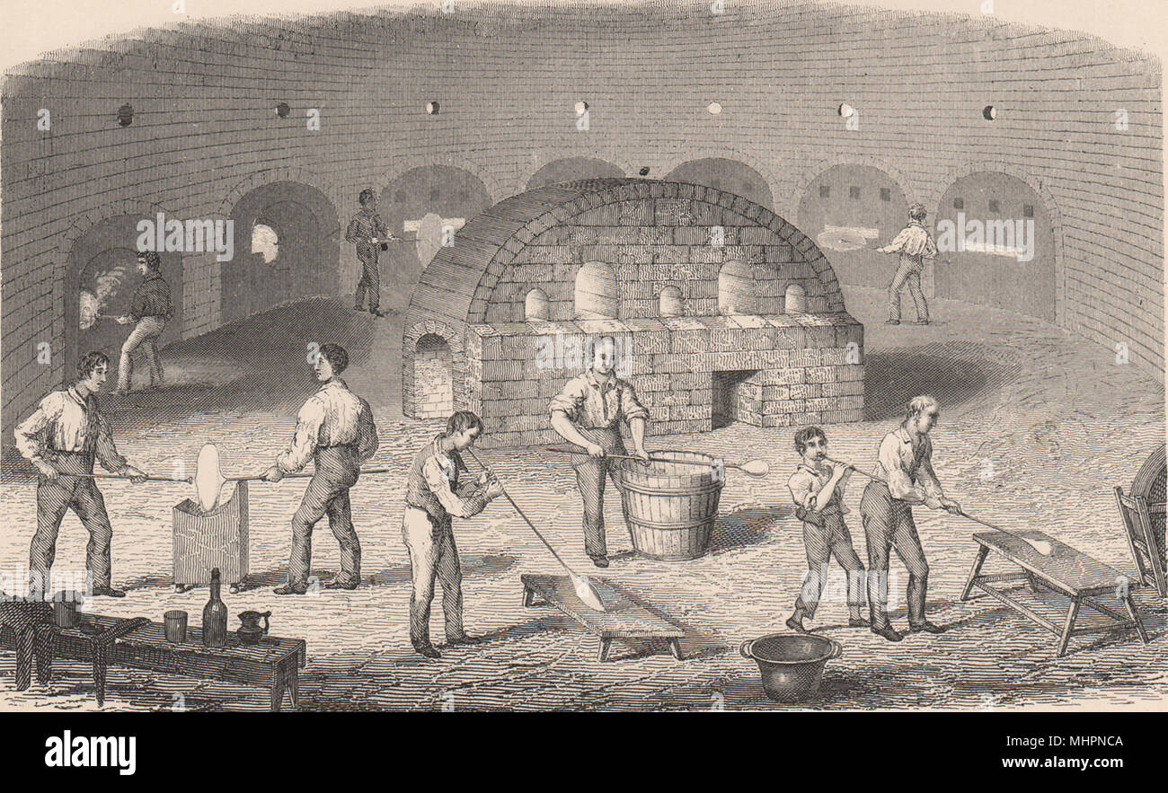 Glasherstellung. Innenraum eines Crown-Glass Haus 1898 alten, antiken Drucken Stockfoto