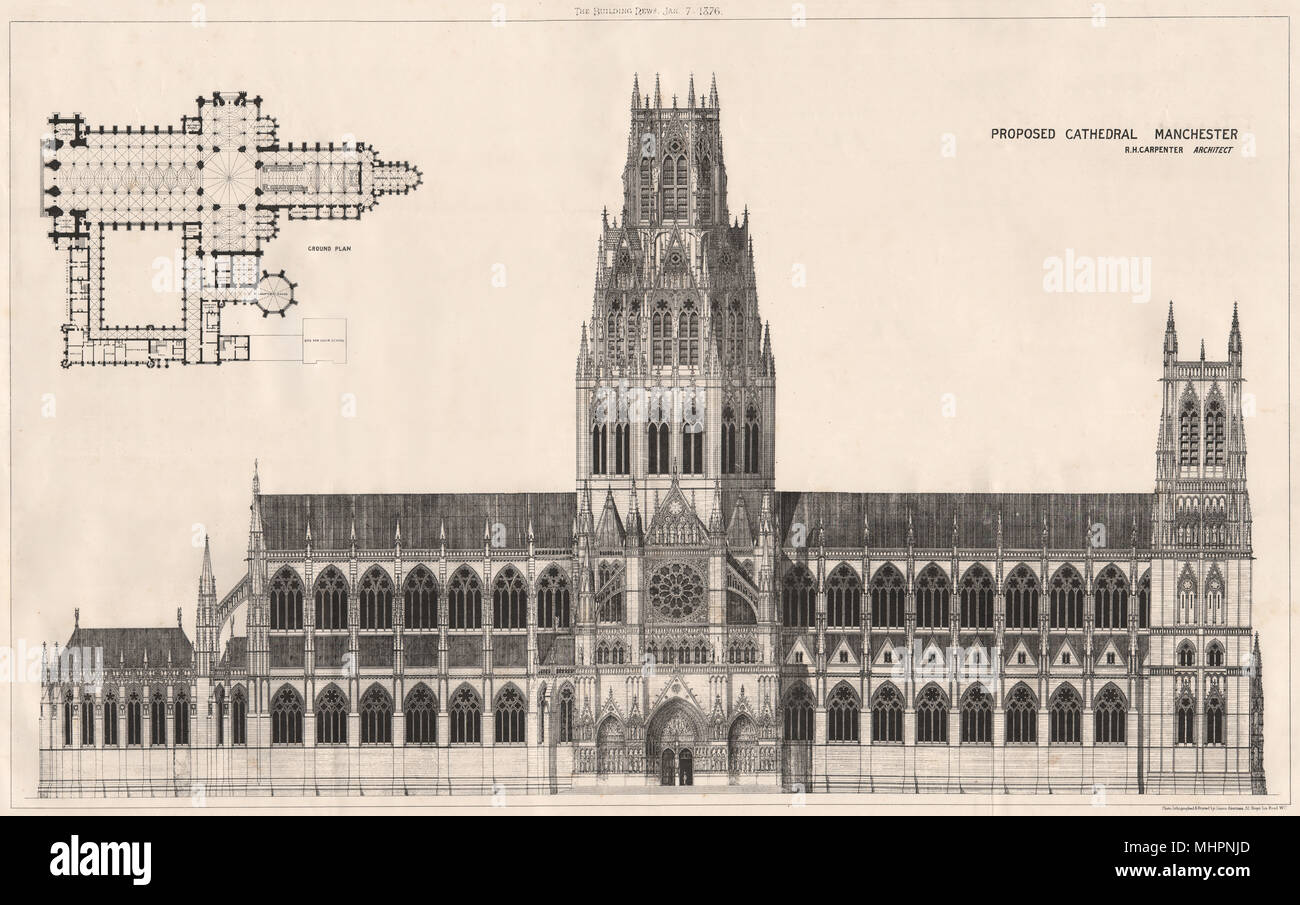 Vorgeschlagene Kathedrale, Manchester; RECHTS Zimmermann, Architekt 1876 alten Drucken Stockfoto