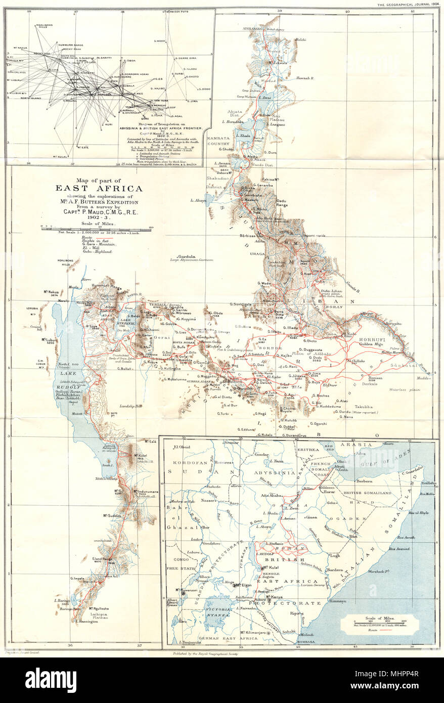 BRIT. E Afrika (Kenia) Butter Expedition Abessinien 1902-3; Grenze; Sudan 1904 Karte Stockfoto
