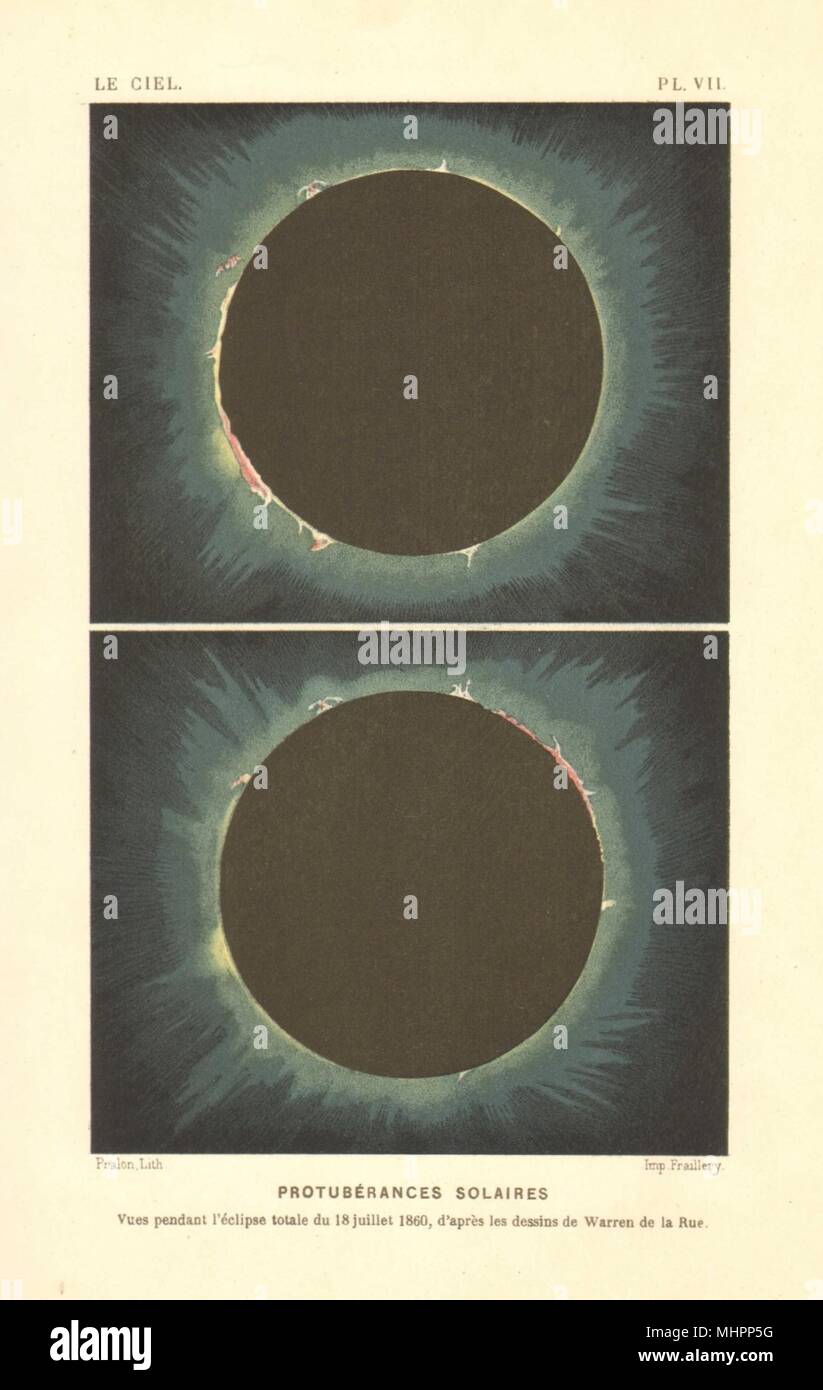 Die Astronomie. Protuberanz während der totalen Sonnenfinsternis vom 18. Juli 1860. Farbe Litho 1877 Stockfoto