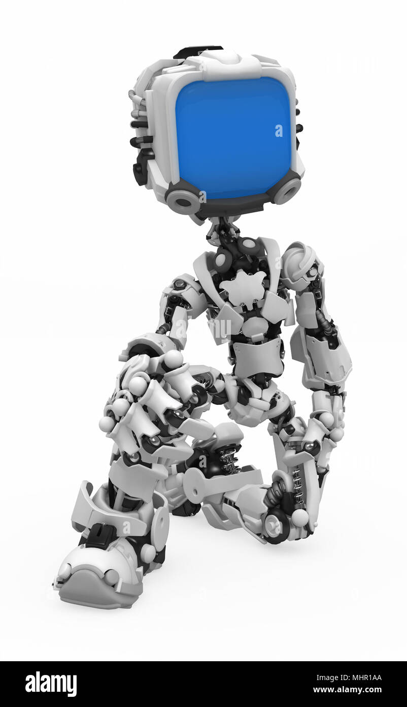 Kleine 3d-Roboter Abbildung auf einem Knie, über Weiß, isoliert Stockfoto