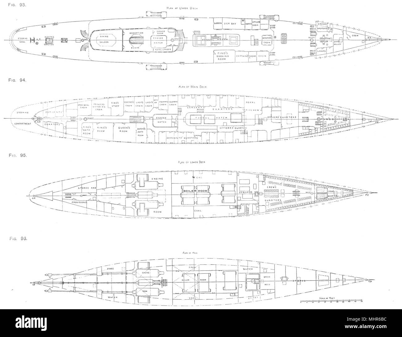 Schiffe. Plan der oberen Fahrgastebene; Hauptdeck; Unterdeck und Halten; 1910 antiken Drucken Stockfoto