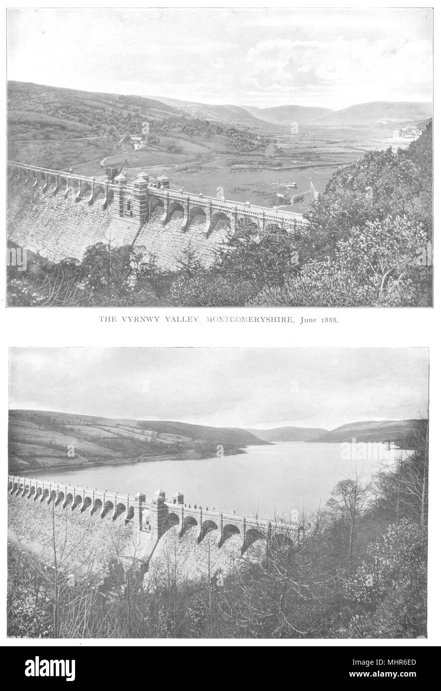 WALES. Vyrnwy Valley Dam, Montgomeryshire; See, 1888 & 1889 1910 alte Drucken Stockfoto