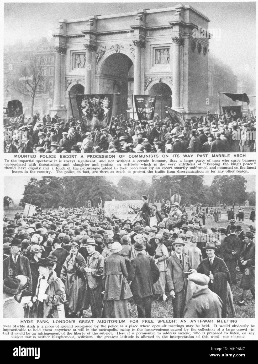 HYDE PARK Speakers Corner. Polizeieskorte Kommunisten Marble Arch; Anti-Krieg mtg 1926 Stockfoto