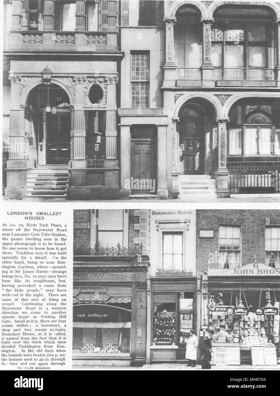 LONDON'S KLEINSTEN HÄUSER. 10 Hyde Park statt. Boundary House, Notting Hill 1926 Stockfoto