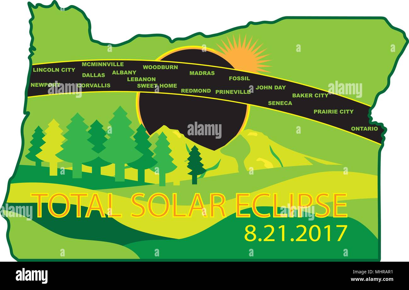 2017 total Solar Eclipse Pfad in Oregon State Städten zuordnen Farbe Abbildung Stock Vektor