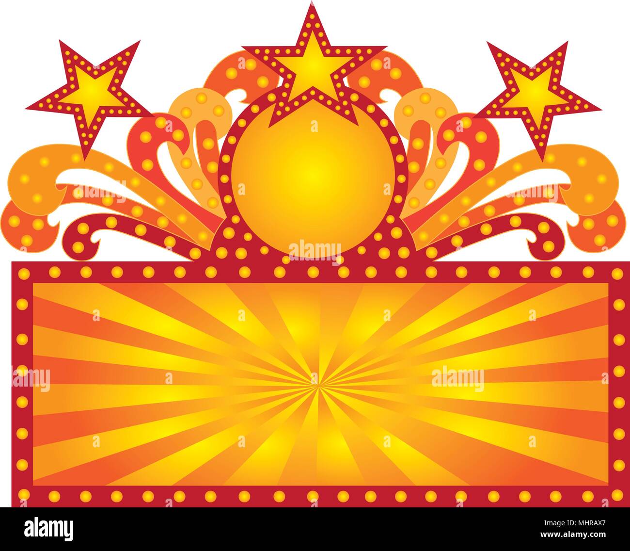Retro Marquee theater Unterzeichnen mit Schriftrollen Sonnenstrahlen leuchten Sterne Abbildung Stock Vektor
