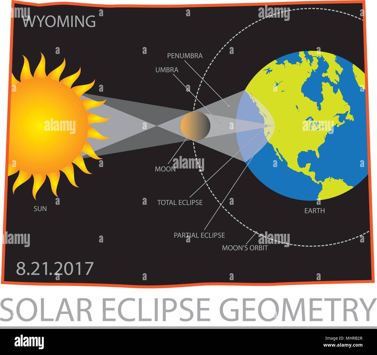 2017 Sonnenfinsternis Geometrie Gesamtheit über Wyoming State map Farbe Abbildung: Stock Vektor