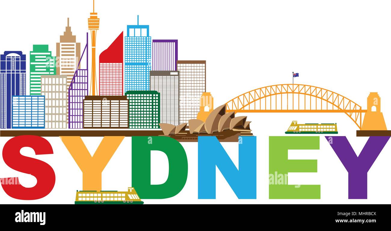 Sydney Australien Skyline Sehenswürdigkeiten Harbour Bridge farbenfrohe abstrakte isoliert auf weißem Hintergrund Abbildung Stock Vektor
