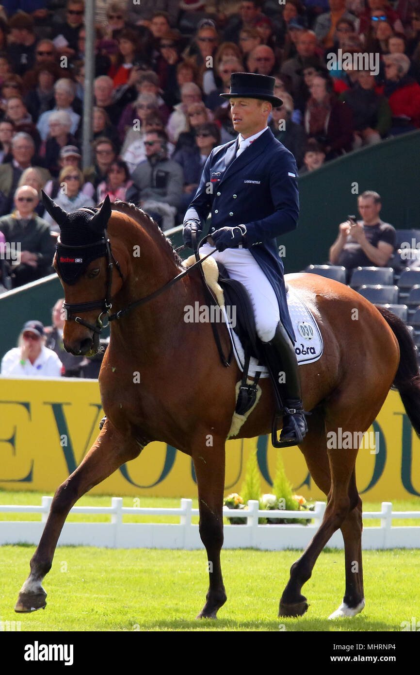 Badminton, Gloucestershire, Vereinigtes Königreich. 3. Mai 2018. Michael Jung aus Deutschland - reiten La Biosthetique Sam FBW geht in die Leitung an in der Dressur am 1. Tag am Badminton Horse Trials 2018. Credit: Stephen Davis/Alamy leben Nachrichten Stockfoto