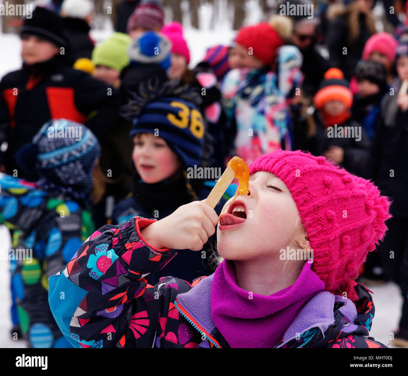 Ein junges Mädchen (5 Jahre alt), die Augen in seliger Erwartung geschlossen, essen Ahornsirup auf einem Stick im kanadischen Quebec taffy Stockfoto