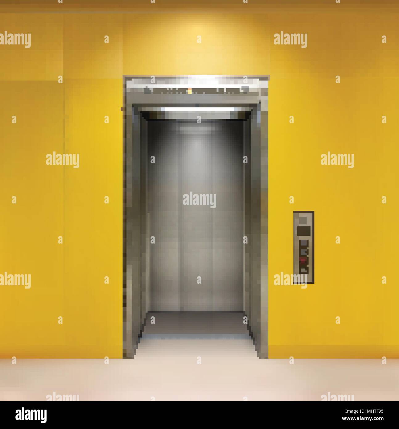 Metall verchromt Bürogebäude Aufzugstüren. Offene und geschlossene Variante. Realistische vector Abbildung gelb Wandpaneele Bürogebäude Aufzug. Stock Vektor